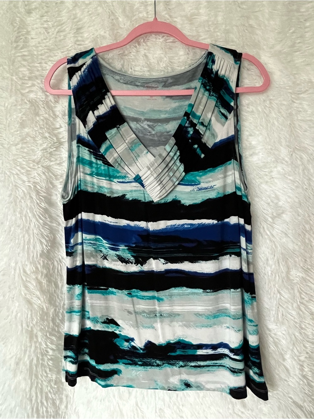 212 Collection V-Neck Striped Tank in Teal, Black & Gray